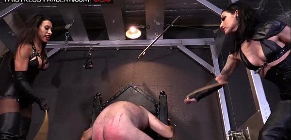 Two Femdom Mistresses cane male slave to his knees